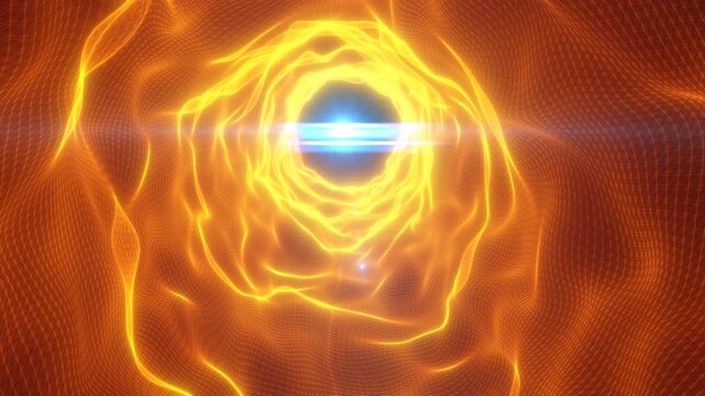 Glowing orange energy portal forming a sci-fi vortex in a wireframe grid with bright lens flare, futuristic abstract background