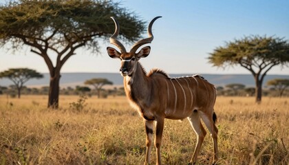 Naklejka premium Male greater kudu with spiral horns standing in African savanna at golden hour among acacia trees