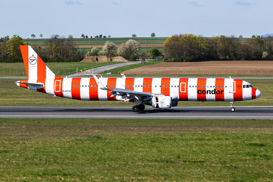 Condor Airbus A321 (D-ATCG) landing at Vienna International Airport on April 9, 2026 in Vienna, Austria
