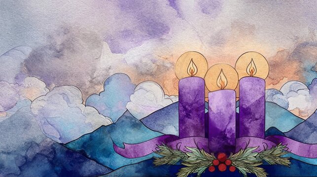 watercolor painting of purple christmas candles with a banner, clouds, snow, and mountains in the background. stained glass illustration