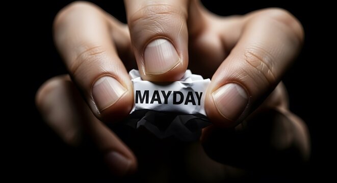 Close up of hands holding a cocaine rock with 'mayday' printed on it