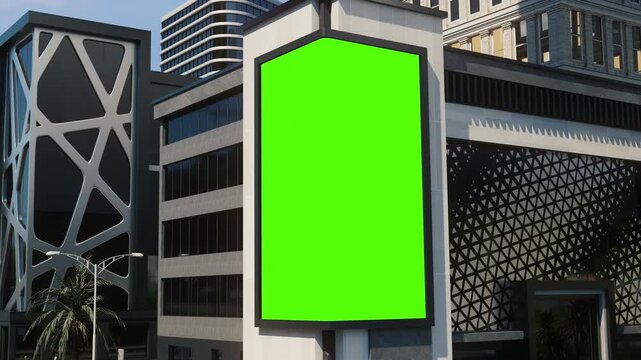 Modern Skyscraper Corner Billboard Mockup, Vertical Green Screen Outdoors with Exotic Palm Tree