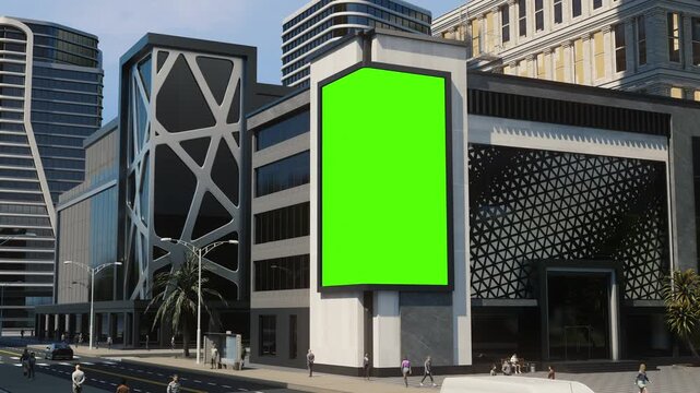 Vertical Corner Green Screen Billboard on Futuristic Building with Palm Tree