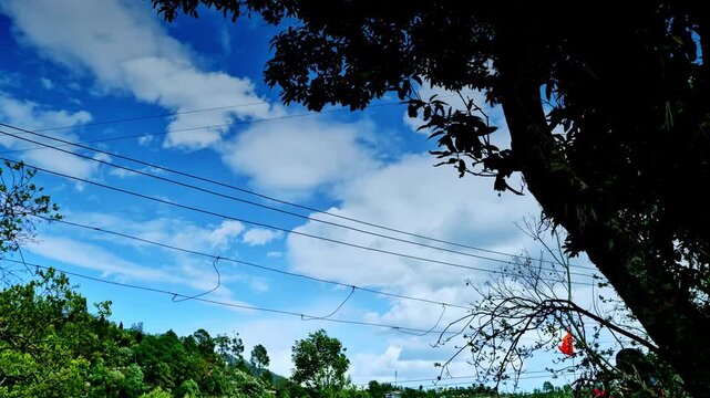 Time-lapse view from Mukteshwar, Uttarakhand, India capturing clouds drifting swiftly across a bright blue sky, intersected by electric wires and framed by a large tree canopy, ush green hills below.