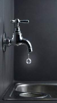 Silver faucet with falling water drop above sink. Concept of water conservation and purification. Clean liquid resource for sewage treatment plant and ecology industry background.
