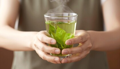Fototapeta premium Hands holding a steaming glass of green tea with visible fresh leaves and rising steam