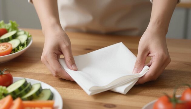 Hands folding a stack of white paper napkins on a wooden table beside plates of sliced cucumber and tomatoes