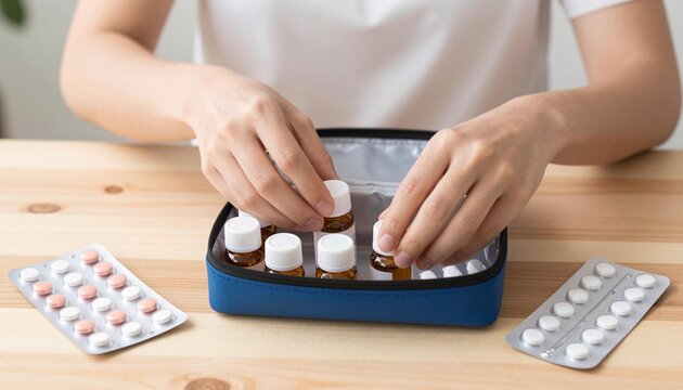 Hands organizing prescription pill bottles and blister packs into a blue zippered medication travel pouch on a wooden table
