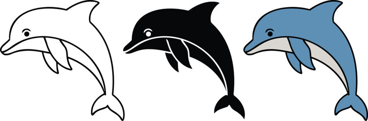 Naklejka premium Minimalist dolphin vector set, jumping marine mammal icons in outline and silhouette styles, blue aquatic animal illustrations for ocean conservation isolated on White Background