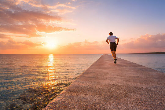 Runner on pier at sunrise over ocean &ndash; concept of comeback, restart and new beginning