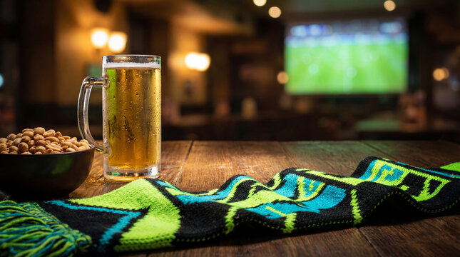 Glass of beer and bowl of nuts with fan scarf on dark wooden table in bar. Watching football match on television screen. Concept of sports tournament, FIFA World Cup 2026 celebration.