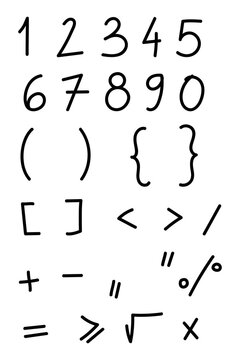 Doodle-style, hand-drawn math symbols and numbers set. Includes essential arithmetic and mathematical signs. High-res PNG, ideal for learning resources, school worksheets, UI design, infographics