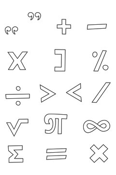 Hand drawn math symbols set including plus, minus, division, equals, pi, sigma, percent and more, sketch style icons. Ideal for education, worksheets, UI, infographics, coloring pages. High-res PNG