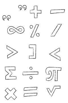Hand drawn, textured math symbols set: plus, minus, division, equals, pi, sigma, percent and more, sketch style icons. Ideal for education, worksheets, UI, infographics, coloring pages. High-res PNG