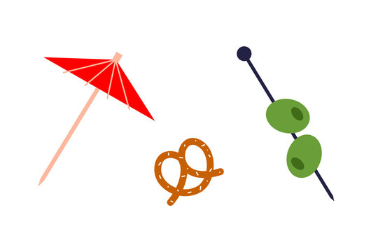 Food and drink set. Party snack icons: cocktail umbrella, pretzel, and olives on a toothpick. Perfect for menus, bar promos, party invites, stickers, web design, and packaging. High resolution PNG