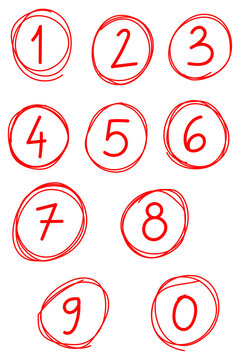 Red hand drawn textured circled numbers set 0&ndash;9 in sketch style. Minimal doodle digits for counting, education, UI elements, labels, lists, presentation, business, infographic design. High-res PNG 