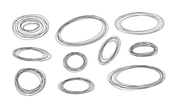 Collection of hand drawn oval scribbles white handdrawn doodle