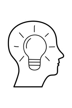 Human head with light bulb icon PNG, idea concept outline, creativity and thinking symbol, minimal line art illustration for innovation, brainstorming, psychology, UI, branding and design. High-res 