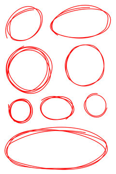 Red hand drawn circle scribbles PNG, rough sketch oval shapes, doodle loops and messy outlines. Abstract geometric elements for frames, highlights, UI, branding, social media, design, scrapbooking