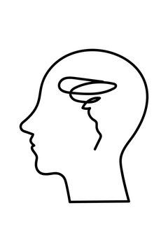Hand-drawn head silhouette with scribbled brain representing stress, anxiety, overthinking, mental overload. Minimal line icon for mental health awareness, workplace stress, decision-making problems