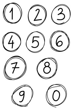 Black hand drawn textured circled numbers set 0&ndash;9 in sketch style. Minimal doodle digits for counting, education, UI elements, labels, lists, presentation, business, infographic design. High-res PNG 