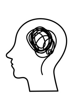 Hand drawn head silhouette with scribbled brain symbolizing stress, anxiety, overthinking, mental overload. Minimal line icon for psychology, business stress, decision making, productivity concepts