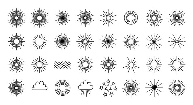 diverse black and white sunburst and starburst icons for graphic design projects illustrating celebration and positive energy elements