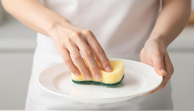 Close-up of hands washing a white plate with a yellow and green scrub sponge in a bright kitchen setting, domestic dishwashing and cleaning action