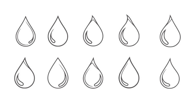 Ten hand drawn water drops in a grid pattern white liquid fluid