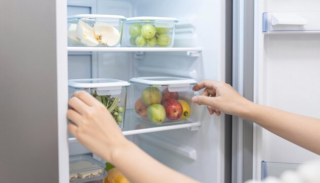 Hands arranging clear plastic food storage containers filled with fruit and produce inside an organized refrigerator