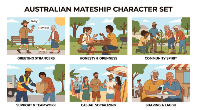 Australian mateship character set illustrations depict cultural values and social interactions
