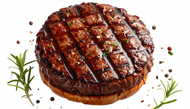 Delicious grilled beef burger patty with perfect grill marks and seasoning on a bun showcased against a clean white backdrop for food photography