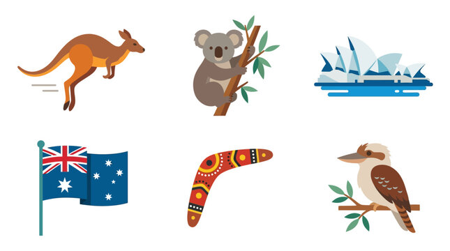Australian wildlife and landmarks icons featuring kangaroo, koala, Sydney Opera House, flag, boomerang, and kookaburra