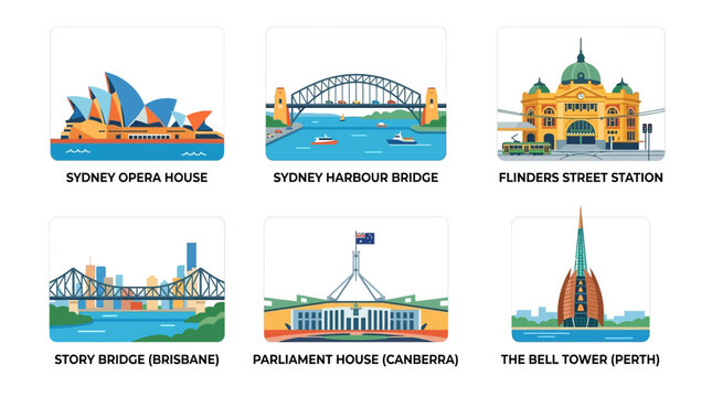 Sydney Opera House, Harbour Bridge, Flinders Street Station, Story Bridge, Parliament House, The Bell Tower in Australia