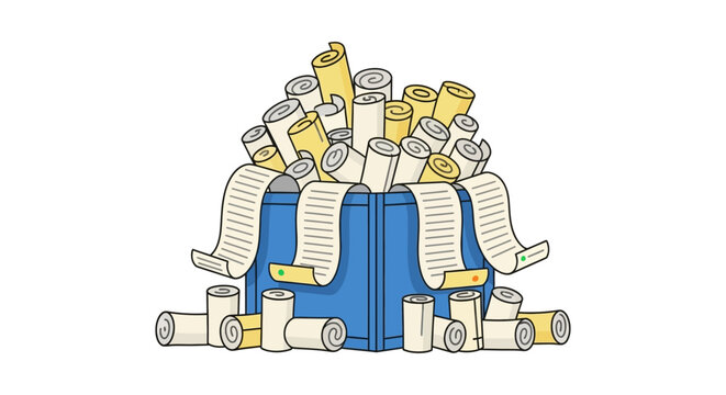 a blue bin overflowing with rolled documents and receipts symbolizing data overload and excessive bureaucracy perfect for information management visuals.