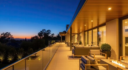 Fototapeta premium Spacious modern home balcony at twilight, overlooking a landscape, with furniture and lights
