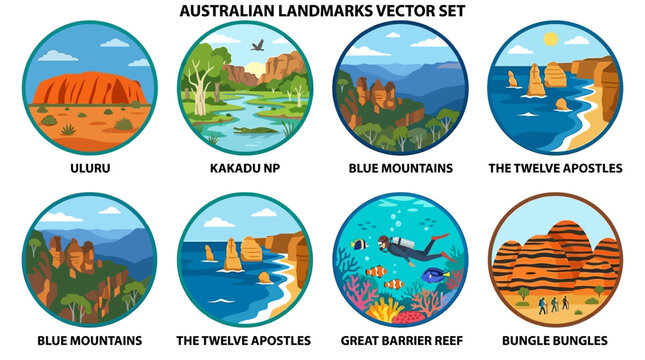 Australian landmarks vector set featuring Uluru, Kakadu NP, Blue Mountains, Twelve Apostles, Great Barrier Reef, and Bungle Bungles