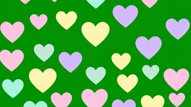 A vibrant green screen or chroma key background filled with a playful pattern of scattered pastel-colored hearts in pink, yellow, purple, and light blue.