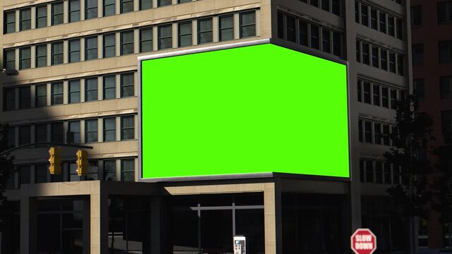 Outdoor Advertising Display Mockup in Busy City Center, Blank Green Screen