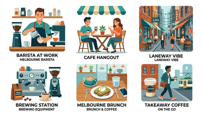 Melbourne coffee culture scenes with baristas, cafes, and coffee shops