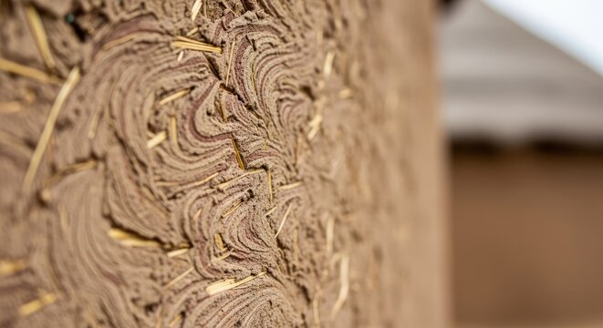 Detailed close-up of a textured earthen wall showcasing layered construction, likely adobe or rammed earth, with exposed straw and natural pigments. Focus on the organic patterns