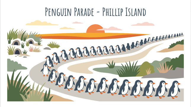 Penguin parade at Phillip Island with a stunning sunset background