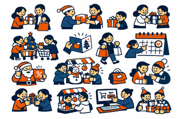 Fototapeta premium Christmas Commerce Stories flat vector digital illustration, doodle flat, thick outline, expressive characters, simple shapes, playful proportions, exaggerated