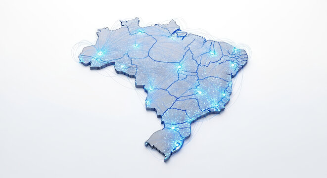 Brazil country map outline with glowing light dots and network connections showing transport and digital connectivity on white background