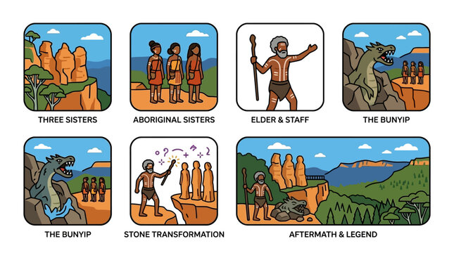 Aboriginal mythological story sequence depicting the legend of the Three Sisters