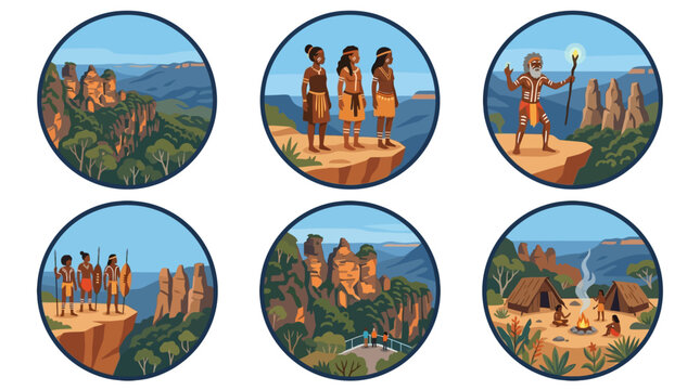 Uluru rock formations and Australian Aboriginal people in traditional clothing on a cliff