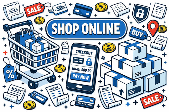 Ecommerce Shopping Tools Collection of isometric vector icons showing shopping cart, basket, checkout screen, mobile shop app, delivery box, payment card,