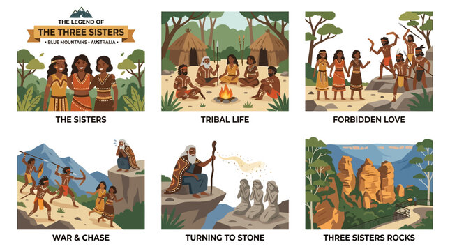 The legend of three sisters in Blue Mountains Australia depicted through six scenes
