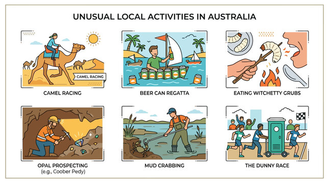 Unusual local activities in Australia include camel racing and beer can regatta