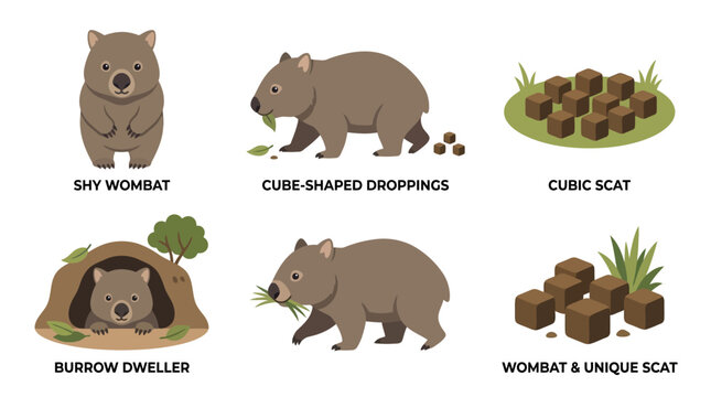 Wombat characteristics and behaviors illustrated with cartoon depictions